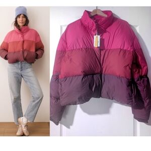 Marine Layer | Gia Crop Down Puffer Jacket In Warm Colorblock